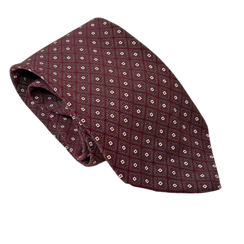 Italian Silk Men Tie Burgundy Red Diamonds Squares Preppy Vintage David Lawrence